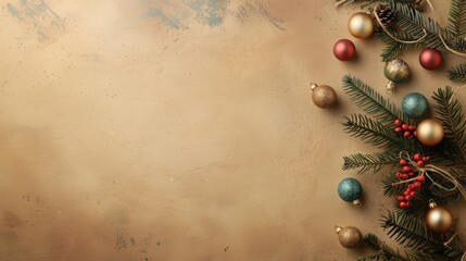 Fototapeta premium Elegant brown background for holiday postcards Below is a small picture. It displays pine branches decorated with Christmas tree toys and balls. Helps increase the festive atmosphere.