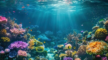 Vibrant coral reef teeming with colorful fish and bathed in sunlight. A breathtaking underwater scene showcasing the beauty of marine life.