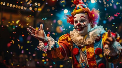 Fototapeta premium Colorful Clown Performing on Stage with Confetti