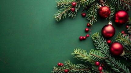 Elegant green background for holiday postcards Below is a small picture. It displays pine branches decorated with Christmas tree toys and balls. Helps increase the festive atmosphere.