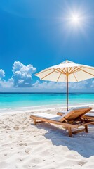 Obraz premium Two lounge chairs on white sand beach with an umbrella