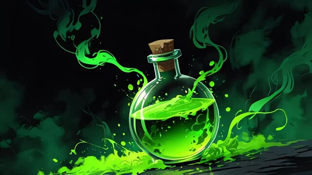 Mystical fantasy magic spell elixir potion surrounded by gren smog on black backdrop