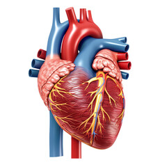 Detailed anatomical illustration of the human heart showing veins and arteries, isolated on a white background, transparent background.