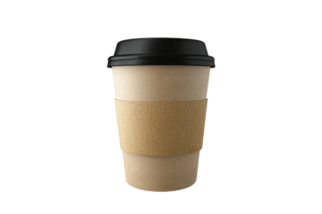 Disposable coffee cup with black lid and cardboard sleeve isolated on a white background, transparent background.