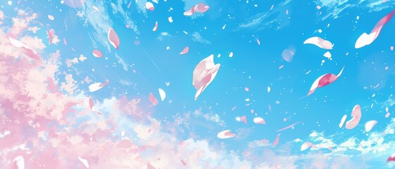 Serene sky with pink and white petals gracefully falling, creating a peaceful and dreamy atmosphere with soft clouds in the background.