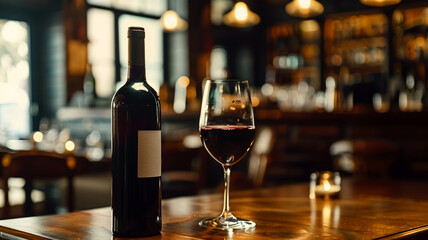Luxury wine bottle on table in elegant bar, AI Generative.