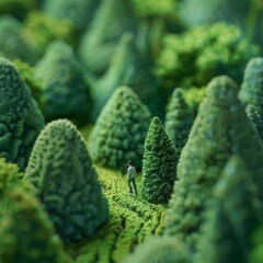 Miniature figure of a man standing in a lush green forest, exploring nature's beauty. Concept of adventure, exploration, and environmentalism.