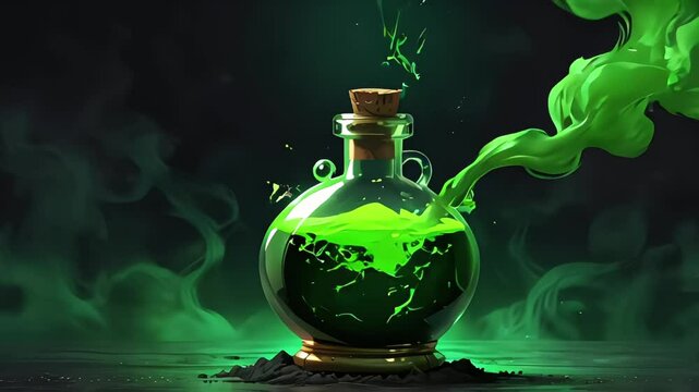 fantasy magic spell elixir potion surrounded by gren smog on black backdrop