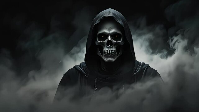 Halloween creepy and horror black grim reaper surrounded by black smog
