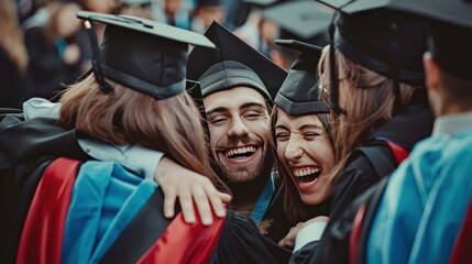 Group of happy graduates in caps and gowns embrace at graduation ceremony.