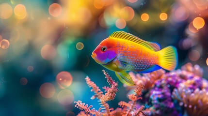 Fototapeta premium Bohemian Atmosphere at Aquarium: Vibrant Colors and Backlighting Showcase Heater, High Angle View with Depth of Field