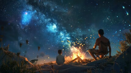 Two figures sit by a campfire under a starry night sky. The flames illuminate their faces and the surrounding landscape.  A sense of peace and wonder fills the scene.