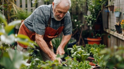 Fototapeta premium A senior man tending to his garden, wearing an apron and focused on his plants.