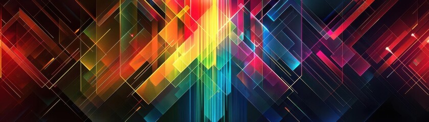Geometric shapes with harmonious rainbow lines, symmetrical design, digital art, futuristic feel, high-resolution