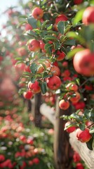 Obraz premium Ripe red apples on branches in an apple orchard, bathed in warm sunlight. Concepts. autumn harvest, organic fruit, healthy eating, nature's bounty.