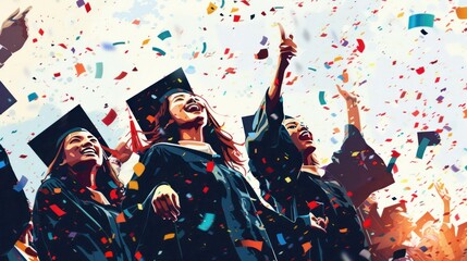 Joyful graduates celebrate their achievement with confetti raining down.