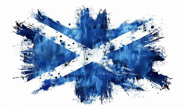 Grunge painted Scotland flag. Template for invitation, poster, flyer, banner, etc. Abstract watercolor splashes flag of Scotland. Saint Andrew day concept.