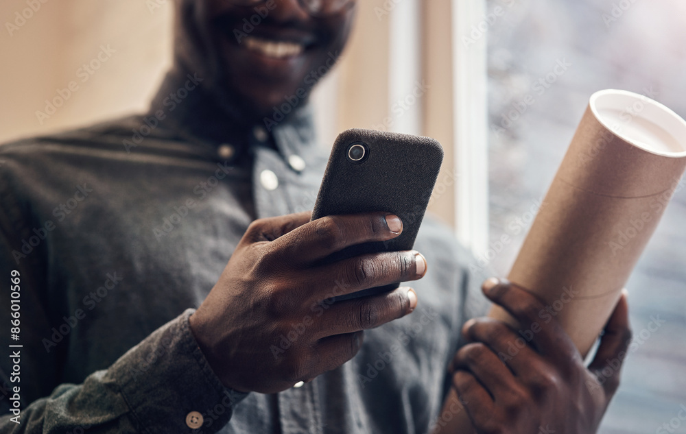 Poster Black man, hands and phone with blueprint in office for floor plan, research and communication. Employee, smile and contractor with tech at work for architecture news, feedback and update to client