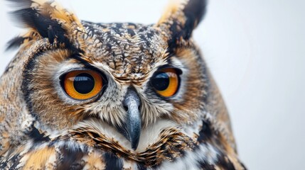 Fototapeta premium Close up of adorable owl head on white background