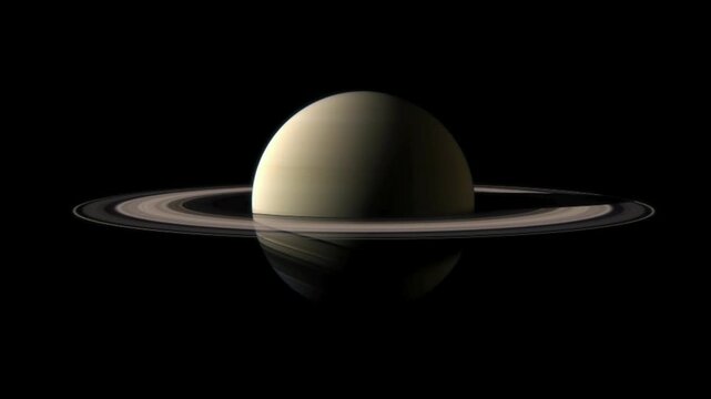 Saturn with rings. Planet rotating isolated on a black background.
