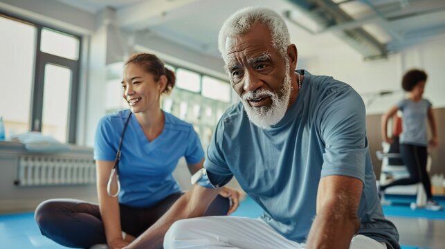 A senior man exercises with a personal trainer in a gym.  The trainer is smiling while the man is focused on his workout.