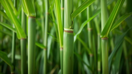 Green sugar cane fields with fresh stalks, detailed close-up of brown sugar, plantation backdrop, rich textures, serene agricultural landscape