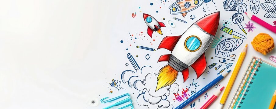 Hand-drawn rocket with school supplies on white background, creative back to school theme, copy space on the left.
