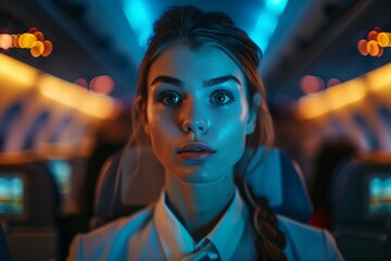 Fototapeta premium Close-up young female flight attendant with braided hair, seated in airplane under blue ambient lighting, focus and professionalism in managing passenger comfort safety, showcasing modern aviation.