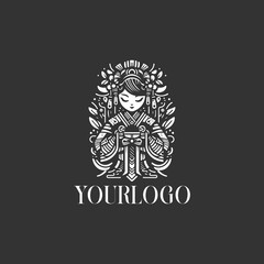 traditional japan girl black white logo, tatto designs vector