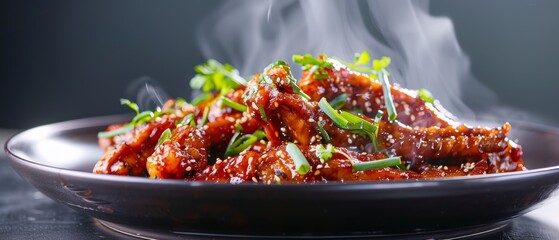 Hot and spicy chicken feet dish, rich sauce, steam visible, sprinkled with herbs, intricate texture, mouthwatering and flavorful