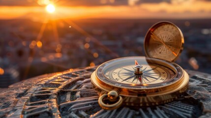Golden compass on rocky surface overlooking city at sunset. Urban skyline with sunset glow conveys guidance, direction, and exploration, symbolizing new opportunities and future possibilities...