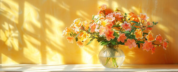 Wildflowers in transparent glass vase standing on white table