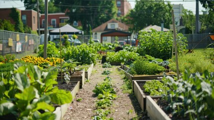A lush community garden with raised beds, vibrant flowers, and green foliage.