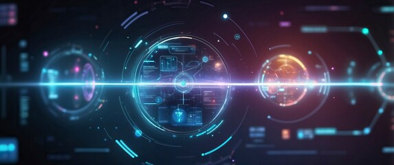 Obraz premium Futuristic digital interface with vibrant holographic elements and sci-fi vibe. Ideal for concepts involving technology, innovation, and virtual environments.