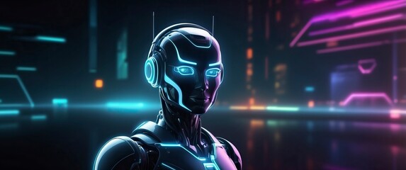 A glowing cybernetic humanoid robot with headphones in a neon-lit futuristic city, symbolizing advanced AI, technology, and digital innovation.