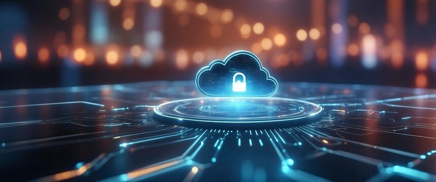 Futuristic style image showcasing cloud security concept with glowing locked cloud and circuit board, ideal for cybersecurity, data protection themes.