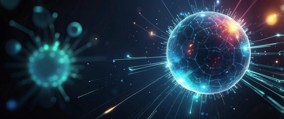 Obraz premium A stunning abstract image of glowing spheres with radiating light beams, ideal for illustrating technology, space, or futuristic concepts and themes.