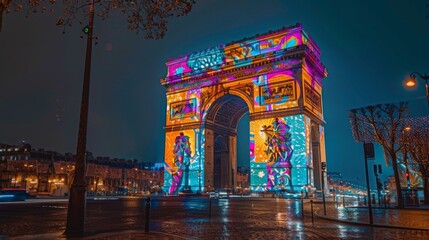 Fototapeta premium Colorful night lights on Arc de Triomphe, Paris. Bright projections make the monument vibrant. Stunning light display illuminates iconic structure.