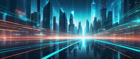 Futuristic cityscape with neon lights and high-tech skyscrapers at night, reflecting a vibrant and innovative urban environment.