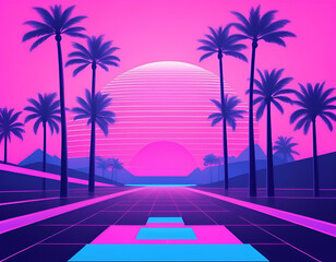 Retro Futuristic Vaporwave - trees at sunset, trees on the beach, trees in the city