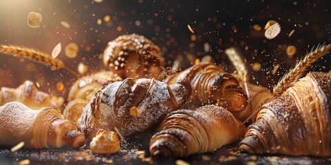 Delicious assortment of fresh baked bread and pastries with flour and grains exploding in the background. Perfect for bakery, pastry shop, or food blog.