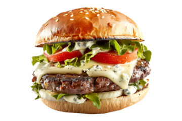 Blue Cheese Burger with fresh tomato in a brioche bun isolated on transparent white background.