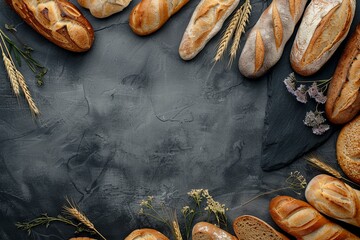 Freshly Baked Bread Frame. Crusty Loaves and Wheat on Dark Background