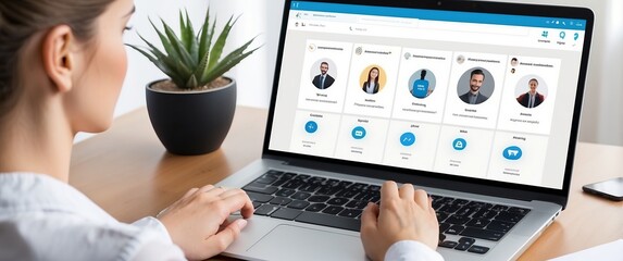 A person browsing professional profiles on a laptop in a modern office, emphasizing networking, communication, and online business interaction.