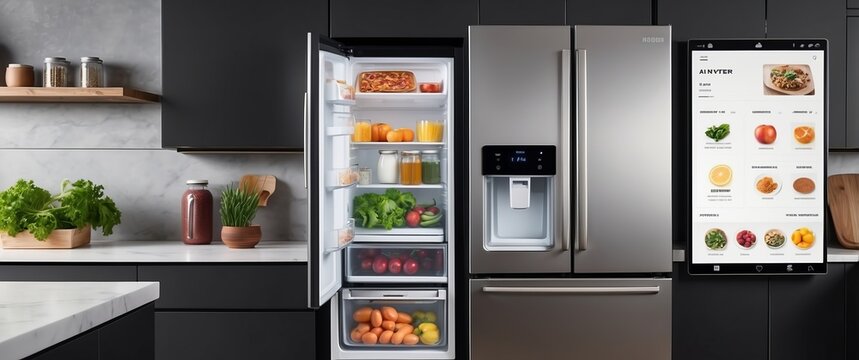 A modern kitchen with an open refrigerator displaying fresh food and a smart touchscreen for meal planning, showcasing technology and healthy living.