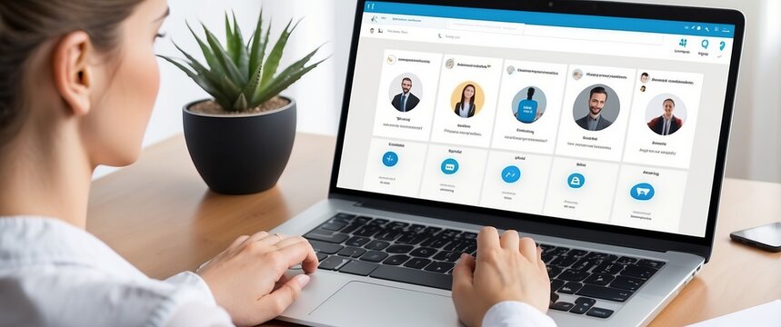 A person browsing professional profiles on a laptop in a modern office, emphasizing networking, communication, and online business interaction.