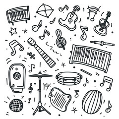 Set of hand drawn music theme isolated on white background, doodle set of Musical Instruments theme. Vector illustration