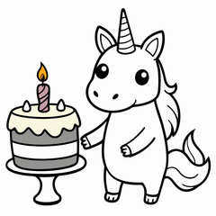 A unicorn with a candle holding a birthday cake, displaying a happy gesture