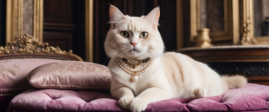 A regal white cat adorned with pearls lounges elegantly on plush cushions in a luxurious, aristocratic setting, evoking themes of sophistication and opulence.