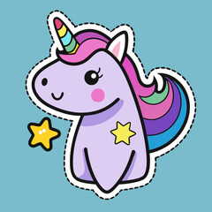 A purple unicorn with rainbow mane and tail sits by a star